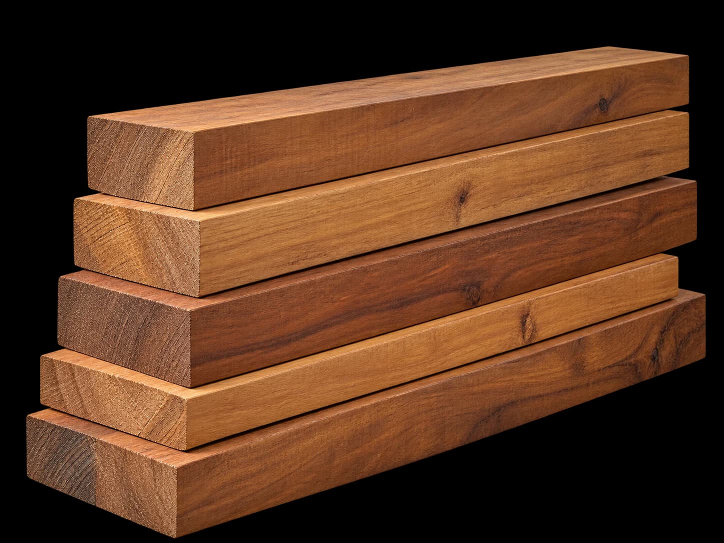 A staggered stack of sawn timber with natural grain and clean cut surfaces